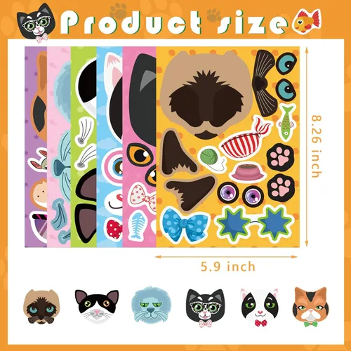 Miniatura 4 de 24 hojas de calcomanías de gatos, pegatinas para hacer caras, crea tus propias calcomanías de gatos, calcomanías de animales para niños, regalo