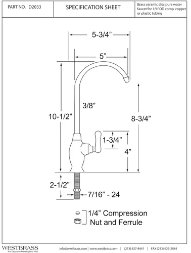Miniatura 2 de Westbrass D2033-NL-20 Grifo dispensador de agua fría clásico de 1 palanca de 10 pulgadas, acero inoxidable