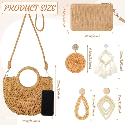 Miniatura 5 de Sweetude Bolso de mano de paja para mujer, juego de aretes de ratán, bolsa de paja de verano, playa, bolso bohemio, cartera tejida para vacaciones