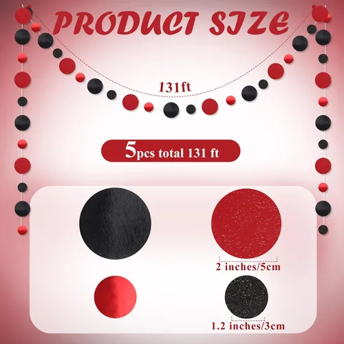 Miniatura 2 de Outus Guirnalda de puntos redondos negros y rojos, 5 piezas, decoración para colgar en fiestas de graduación, cada longitud de 13.1 pies