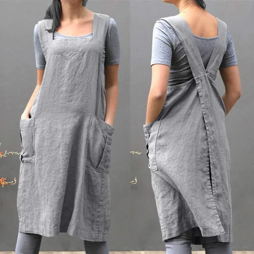 Miniatura 2 de XUNRYAN Delantal de lino de algodón para mujer, delantal cruzado en la espalda, vestido para hornear, cocinar, jardinería, trabajo, vestido