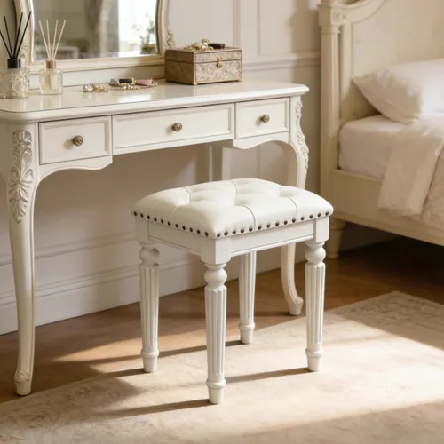 Miniatura 2 de Taburete de tocador con cojín de piel sintética blanca, pequeño asiento de cuero sintético con ribete de cabeza de clavo y diseño copetudo, patas