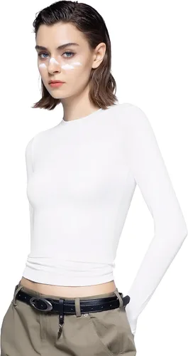Miniatura 3 de PUMIEY Camisetas de manga larga para mujer, cuello redondo, ajustadas, sexy, básica, colección Smoke Cloud Pro