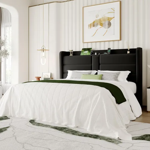 Miniatura 13 de SHA CERLIN Base de cama tapizada tamaño Queen con estante de almacenamiento y estación de carga, cama moderna de plataforma de terciopelo con Negro