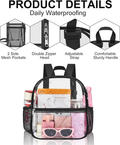 Miniatura 6 de Mochila Transparente Oraben para Eventos de Estadio Mochila Transparente para Estadio 12x6x12, Negro, Pequeño