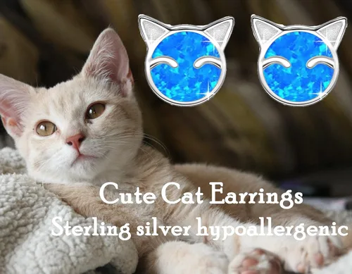 Miniatura 5 de YZSFMZGE Blue White Opal Cat Stud Earrings Necklace, 925 Sterling Silver Cat Opal Stud Earrings Necklace for Women Cute Cat Jewelry for Girls
