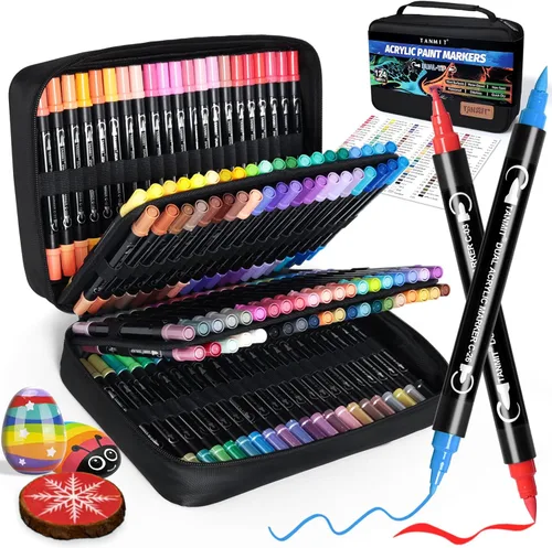 TANMIT Marcadores de pintura acrílica de doble punta de 124 colores, juego de bolígrafos de pintura con punta de pincel y punta fina para tela,