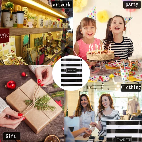 Miniatura 7 de 100 bolsas grandes de plástico troqueladas con asa de 16 x 18 pulgadas, diseño de rayas blancas y negras, para compras, boutiques, fiestas, 100