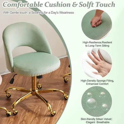 Miniatura 4 de VINGLI Silla de Oficina Pequeña de Terciopelo Moderno, Linda Silla de Escritorio con Ruedas, Base/Tachuelas Doradas, Cómoda Silla Giratoria sin