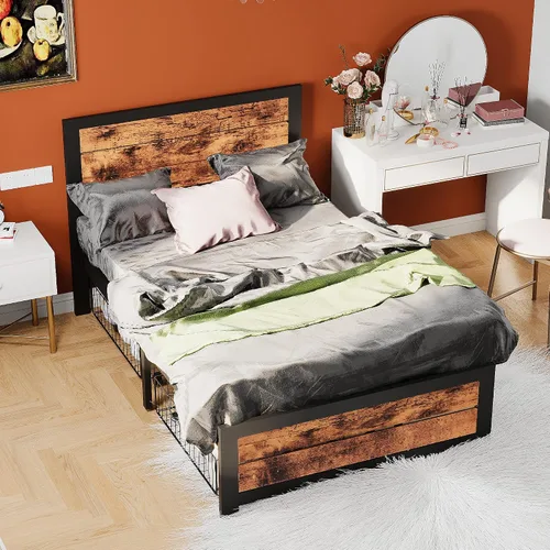 Miniatura 8 de DHMAKER Base de cama individual de plataforma con almacenamiento, marco de cama de metal con cabecero, soporte de listones de acero fuerte, marco