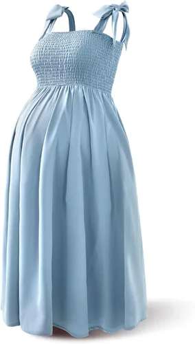 Rnxrbb Vestido de maternidad de gasa con abertura y bolsillos, para verano, casual, sin mangas, fruncido, para embarazo, ropa para la playa