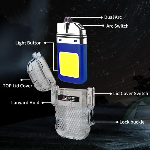 Miniatura 2 de SUPRUS Impermeable 3 modos de linterna a prueba de viento, encendedor de doble arco eléctrico recargable de plasma de doble arco con silbato de Azul