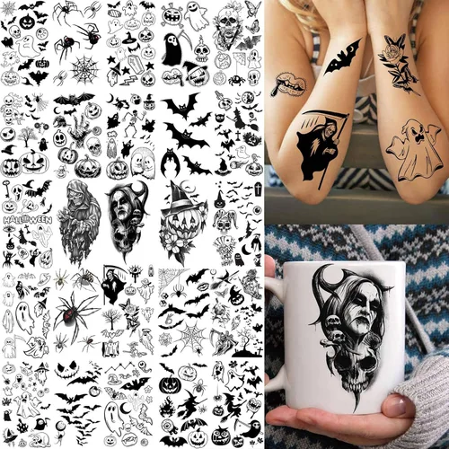 Miniatura 4 de 52 hojas de tatuajes temporales de Halloween para niños, niñas, mujeres, hombres, adultos, 3D de cara aterradora, calavera, tatuajes falsos