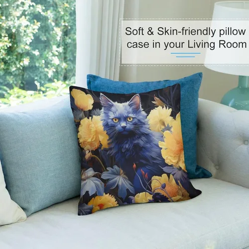 Miniatura 8 de Blue Cat in Bloom - Funda de almohada decorativa cuadrada suave con estampado de doble cara de 12 x 12 pulgadas, adorables almohadas de animales