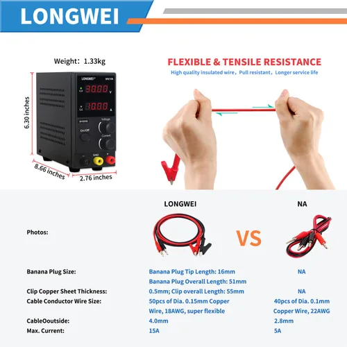 Miniatura 4 de LONGWEI Fuente de alimentación de CC variable, 30 V 10 A, 4 pantallas LED digitales, fuente de alimentación de conmutación regulada ajustable