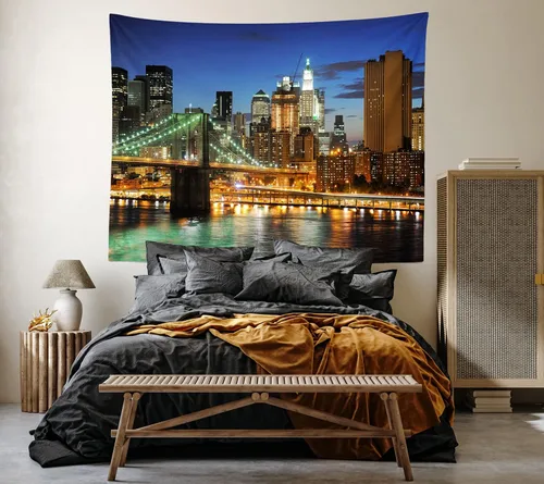 Miniatura 2 de Loccor Tapiz de la ciudad de Nueva York, puente de Brooklyn, Manhattan, horizonte nocturno, río Hudson, tapiz de pared de rascacielos urbano
