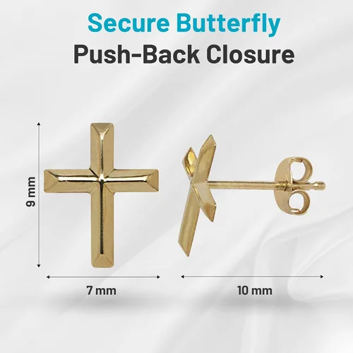 Miniatura 6 de JewelryWeb Aretes de cruz de oro amarillo de 14 quilates Pendientes de tuerca de fe biselada Pendientes de cruz para mujeres y niñas Joyería