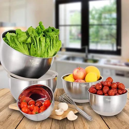Miniatura 6 de Wildone Juego de 5 cuencos anidables para mezclar con tapas herméticas, 5 piezas de cuencos de acero inoxidable color caqui para cocina