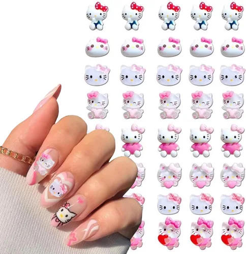 40 piezas de bonitos dijes de uñas de gato de dibujos animados 3D Kawaii con diseño de gato, gemas y diamantes de imitación, joyas de uñas para uñas