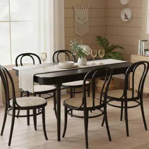 Miniatura 8 de LukeAlon Mesa de comedor de madera maciza de 63 pulgadas para 4-6, mesa de cocina moderna de mediados de siglo, mesa de comedor de granja para Negro