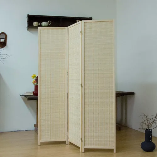 Miniatura 4 de Divisor de habitación de bambú de 3 paneles, pantalla de privacidad plegable beige de 5.6 pies de alto, pared de división independiente de doble