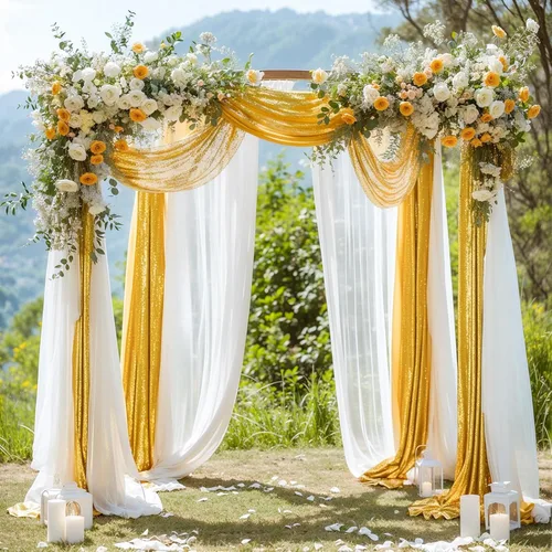 Miniatura 3 de Tela para Cubrir Arco de Boda, 1 Panel de 28" x 19 pies de Tela de Gasa Blanca y 1 Panel de 16" x 19 pies de Tela de Gasa con Lentejuelas Dorada