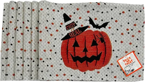 Manteles individuales de Halloween para decoración del hogar, diseño de tapiz, color naranja, negro y blanco Creep It Real Jack O' Lantern. Juego de