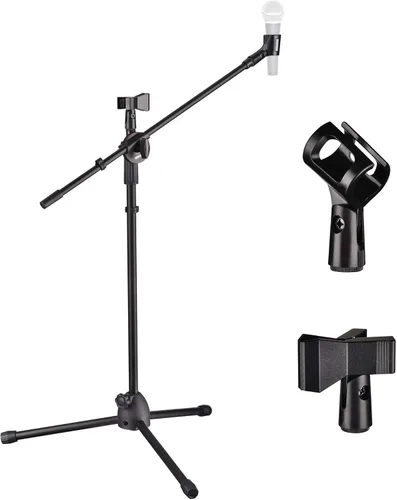AW Soporte de micrófono con brazo de trípode de altura ajustable, soporte de clip de micrófono dual de 90 grados, tipo plegable giratorio de 90