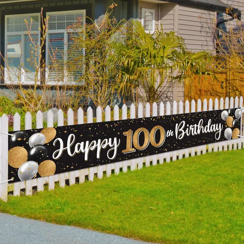 Miniatura 5 de Decoración de feliz cumpleaños número 100, globo negro y dorado número 100, cartel grande de telón de fondo de cumpleaños, decoración de fiesta
