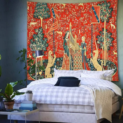 Miniatura 3 de Tapiz Real Medieval Europeo de la Reina Doncella y Unicornio, 90x84 Pulgadas de Flanela Suave, para Colección de Arte Decorativo de Arte de Pared