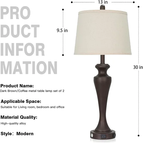 Miniatura 7 de Lámpara de mesa marrón oscuro de 30 pulgadas, lámpara de noche individual con control táctil de 3 vías con puertos USB A+C y salida de CA, lámparas