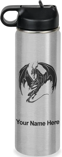 Miniatura 47 de LaserGram Botella de agua con tapa abatible de doble pared de 12 onzas con pajilla, dragón, grabado personalizado incluido (negro)