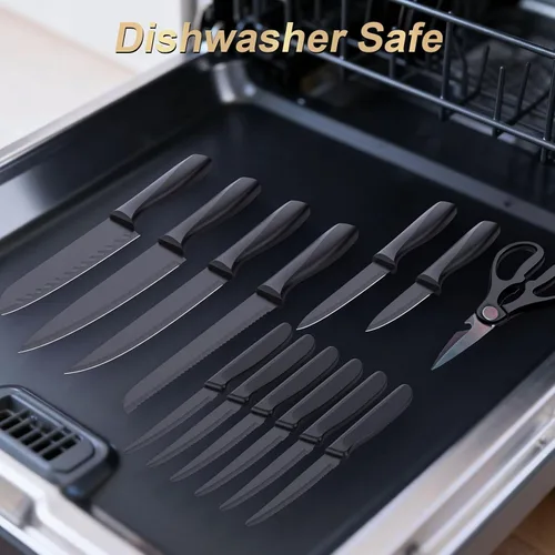 Miniatura 6 de Juego de cuchillos de cocina con bloque, juego de cuchillos de 15 piezas con afilador integrado, apto para lavavajillas, cuchillas de acero