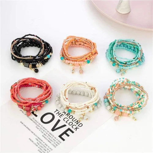 Miniatura 2 de Caiyao Juego de pulseras de cuentas apilables de estilo bohemio, juego de pulseras elásticas multicapa, juego de joyas multicolor, pulseras con dije