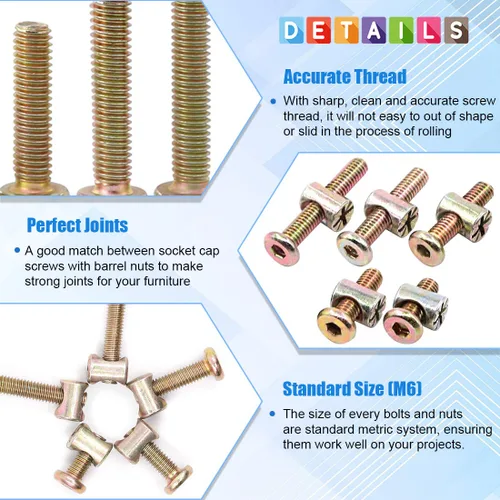 Miniatura 4 de Glarks Juego de 100 tornillos de cabeza hexagonal chapados en zinc M6x15/20/25/30/1.378 in para muebles, tornillos y tuercas de barril, kit surtido