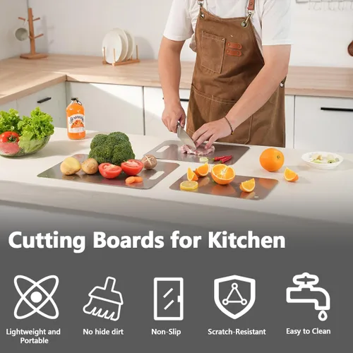 Miniatura 6 de Honeycomb - Juego de tablas de cortar de acero inoxidable de 3 piezas, diseño antideslizante que reduce arañazos, perfecto para carne, verduras