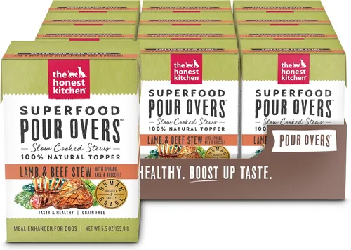 The Honest Kitchen Dogs Superfood POUR OVERS - Estofado de cordero y ternera, paquete de 12, calabaza, 5.5 onzas