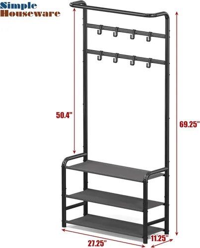 Miniatura 7 de Simple Houseware Perchero con estante de almacenamiento, árbol de pasillo independiente con ganchos para entrada, dormitorio, oficina, soporte