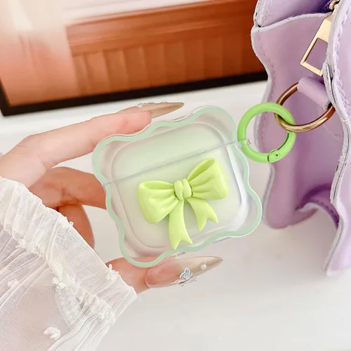 Miniatura 6 de Linda funda transparente para AirPods de 3ª generación, color verde, diseño de lazo femenino, TPU suave, a prueba de golpes, Kawaii Airpods