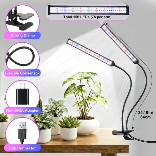 Miniatura 5 de Luz de crecimiento de plantas con clip para interiores, luz de crecimiento de espectro completo con 156 LED, cuello de cisne flexible y temporizador
