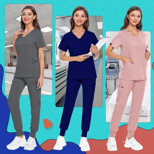 Miniatura 6 de VIAOLI Conjunto de ropa quirúrgica para mujer, camiseta con cuello en V y pantalones médicos tipo cargo para mujer, 10 bolsillos