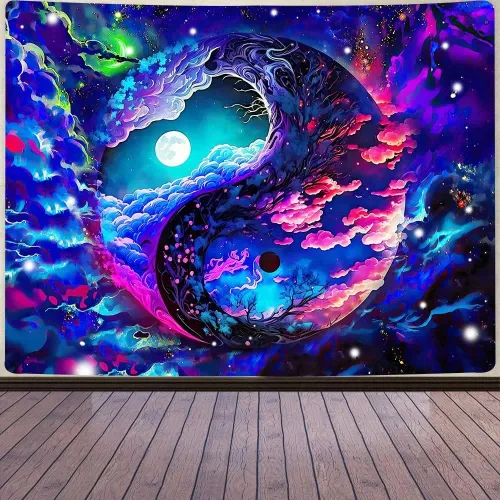 Aidatain Tapiz de cielo colorido de fantasía, luna, nebulosa deslumbrante, Yin y Yang, tapiz de pared, grande de 80 x 60 pulgadas, tela de franela,