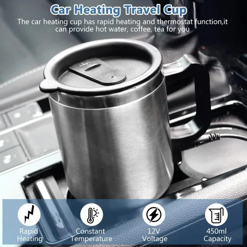 Miniatura 7 de Taza de calefacción para automóvil, hervidor eléctrico de acero inoxidable, calentador de taza de café portátil de 12 V, calor hasta 149.0 °F, taza