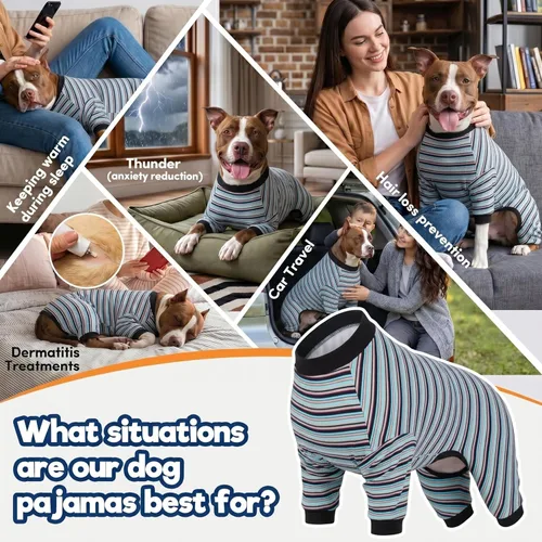 Miniatura 4 de LovinPet Pijama grande para perro, camisa de algodón multicolor a rayas, para dejar de caer, pijamas para mascotas, ropa de bulldog francés, ropa