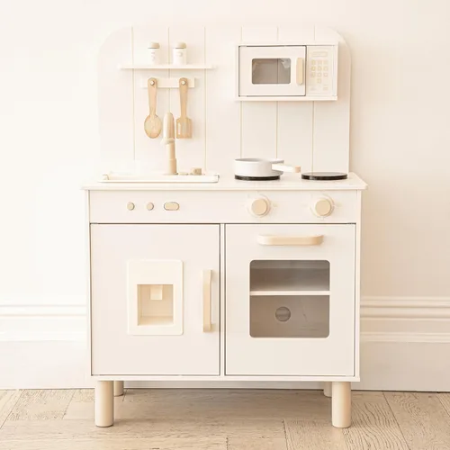 Cocina de Juguete para Niños Pequeños, Set de Cocina de Juguete de Madera con Fregadero de Agua Corriente, Espátula, Cuchara y Set de Sartén, Regalo