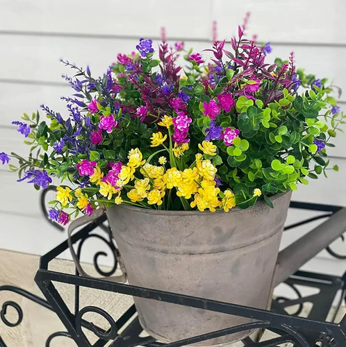 Miniatura 2 de 20 paquetes de flores artificiales para exteriores, resistentes a los rayos UV, no se decoloran, plantas verdes de plástico sintético para jardín