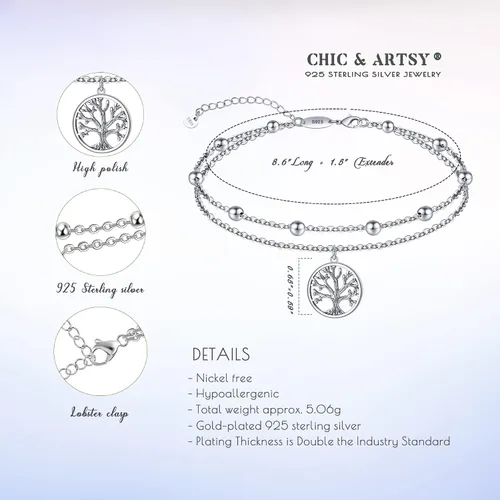 Miniatura 77 de CHIC & ARTSY Tobilleras de plata de ley S925 para mujer, pulsera de tobillo ajustable multicapa para playa, joyería de verano para mujer, de 10 a 11