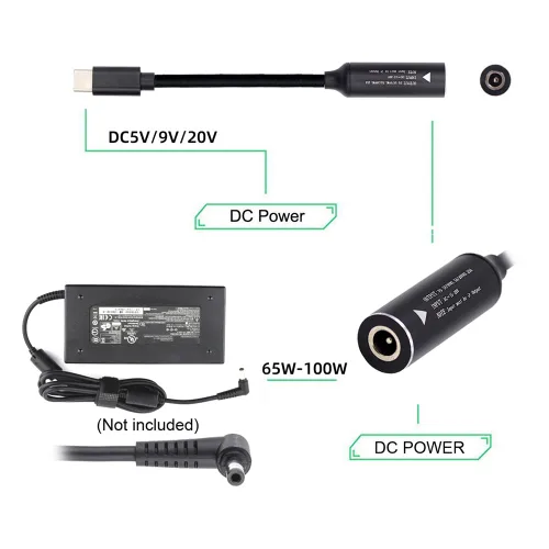 Miniatura 2 de cablecc 0.098x0.028 in Entrada DC Jack a USB-C Tipo-C Cable de carga de enchufe de alimentación para PD 9V 15V 20V 65W Teléfono portátil