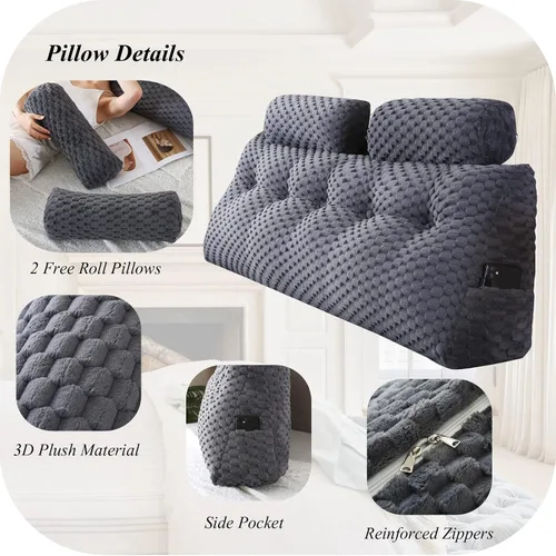 Miniatura 3 de Almohadas de cuña para cabecero + 2 almohadas enrollables para cabecero, cojín grande para reposo en cama, almohadas de lectura, almohadas