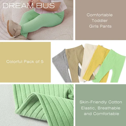 Miniatura 4 de DREAM BUS Paquete de 5 pantalones de bebé para niña, pantalones acanalados con volantes acampanados, leggings para bebé, pantalones acampanados